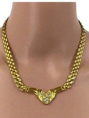 Vintage Statement Necklace Gold Tone Rhinestone Inlay 17 Inch Fold Over Clasp